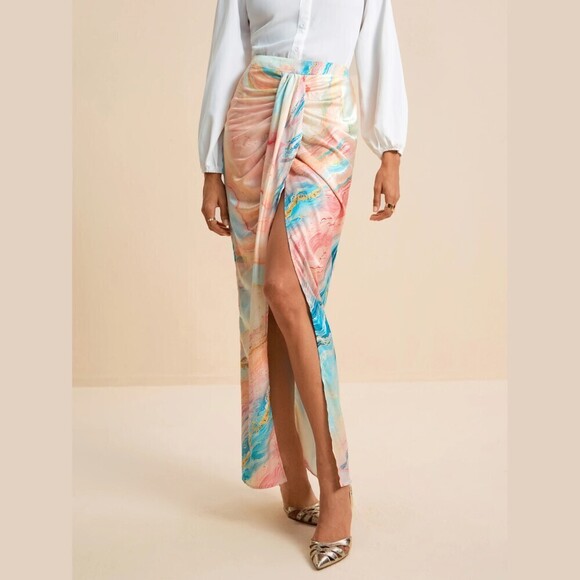 Dresses & Skirts - Orange / Blue Marble Print Draped Wrap Front High Slit Maxi Skirt